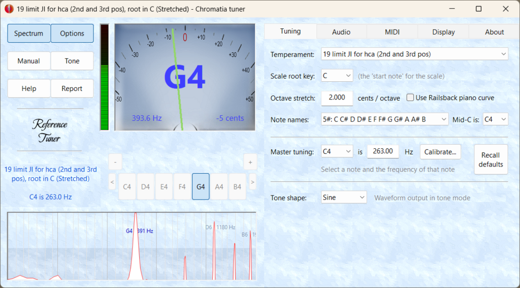 Screenshot of Chromatia tuner during recording of 2 draw on a C harmonica