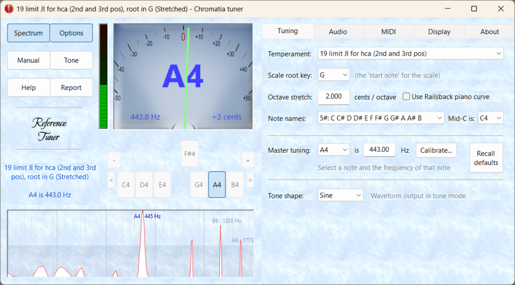 Screenshot of Chromatia tuner during recording of 4 draw on a G harmonica